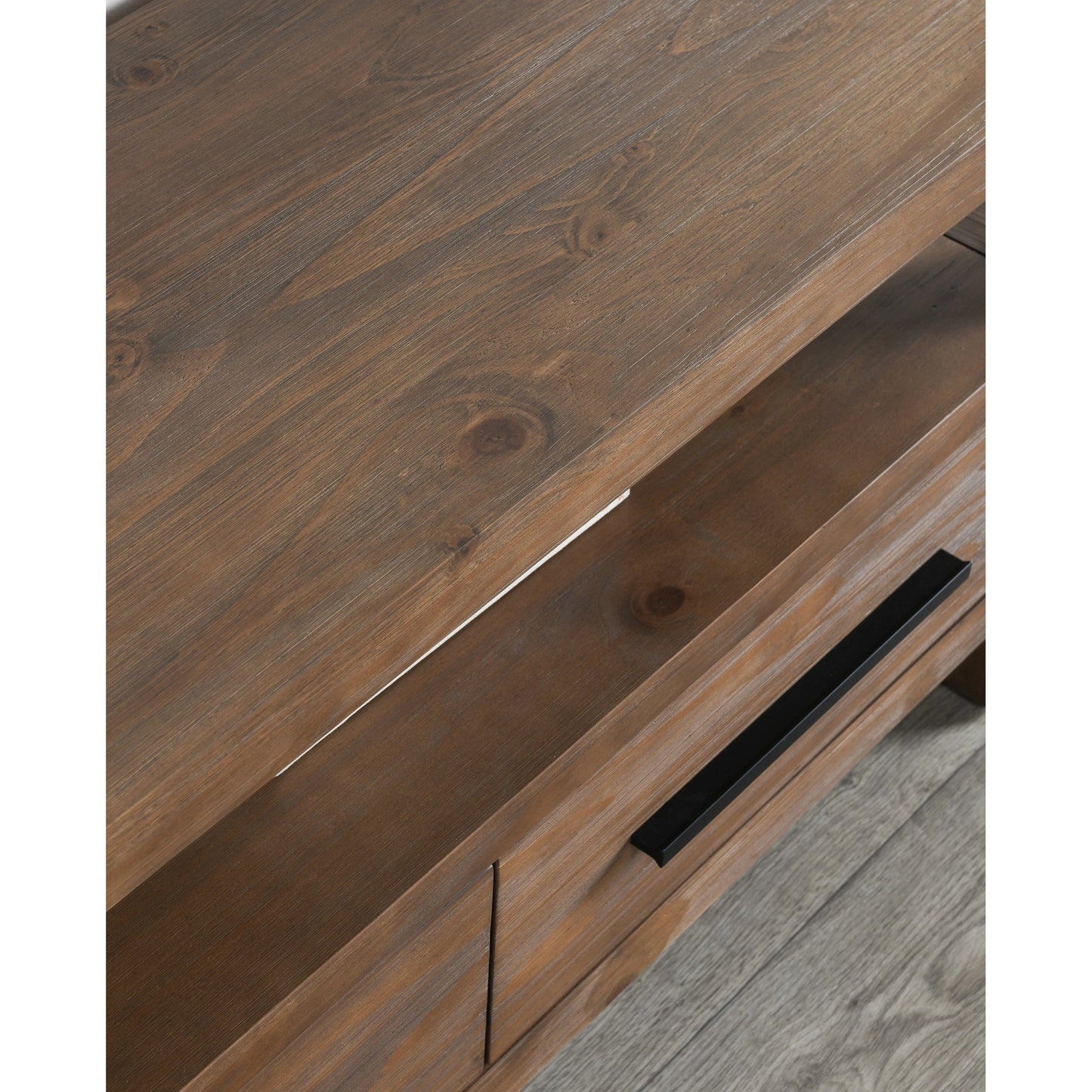 009 SI-2007481 | Closeup | Fenmore 3 Drawer TV Stand by Kosas Home in almond brown. Made from pine wood in a modern style.