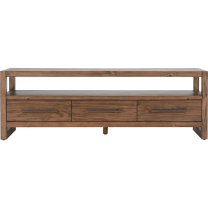 Fenmore 3 Drawer TV Stand by Kosas Home in almond brown. Made from pine wood in a modern style.