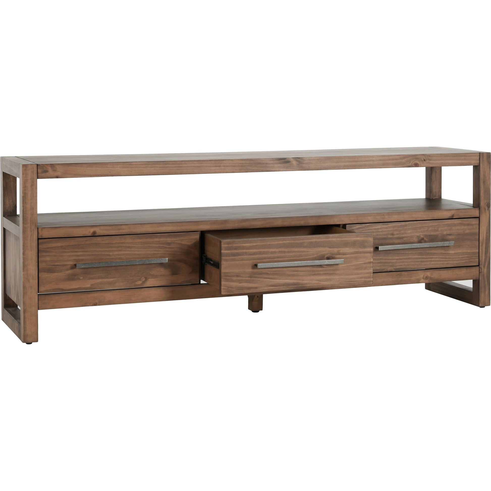 Fenmore 3 Drawer TV Stand by Kosas Home in almond brown. Made from pine wood in a modern style.