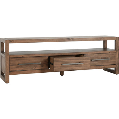 Fenmore 3 Drawer TV Stand by Kosas Home in almond brown. Made from pine wood in a modern style.