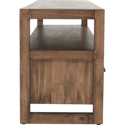 Fenmore 3 Drawer TV Stand by Kosas Home in almond brown. Made from pine wood in a modern style.