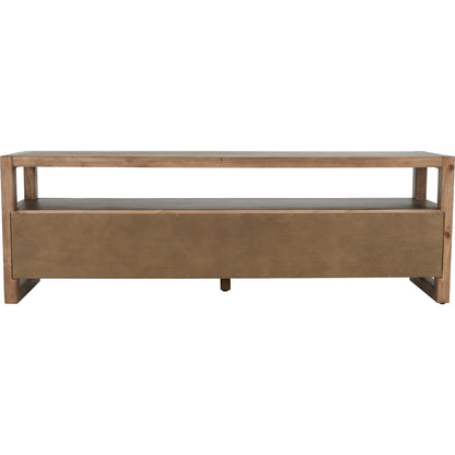 Fenmore 3 Drawer TV Stand by Kosas Home in almond brown. Made from pine wood in a modern style.