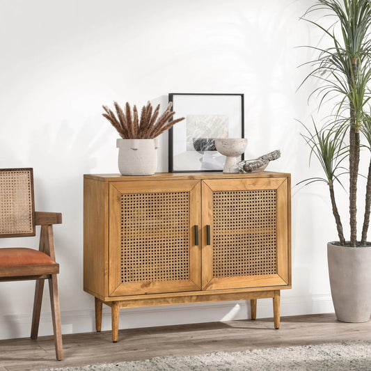 Edris 2 Door Accent Cabinet by Kosas Home in beige. Made from pine wood, cane in a cottage & farmhouse style.