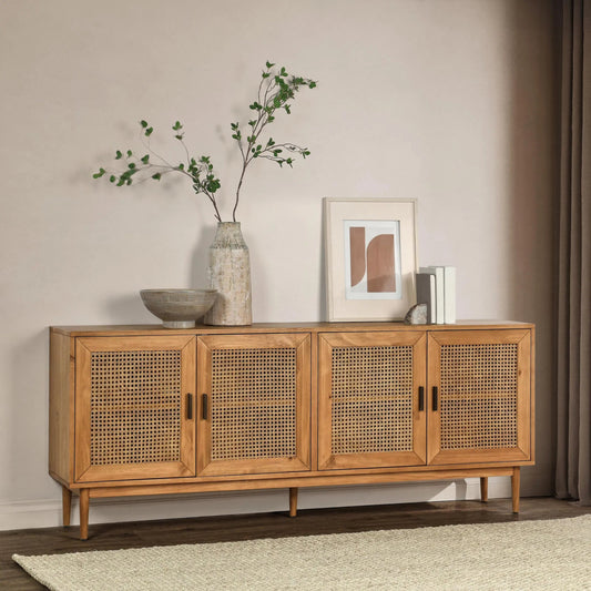 Edris 4 Door Accent Cabinet by Kosas Home in natural brown. Made from pine wood, cane in a cottage & farmhouse style.