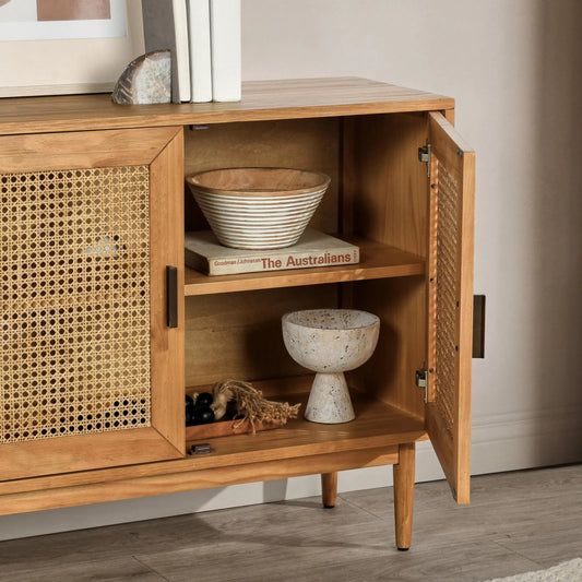 Edris 4 Door Accent Cabinet by Kosas Home in natural brown. Made from pine wood, cane in a cottage & farmhouse style.