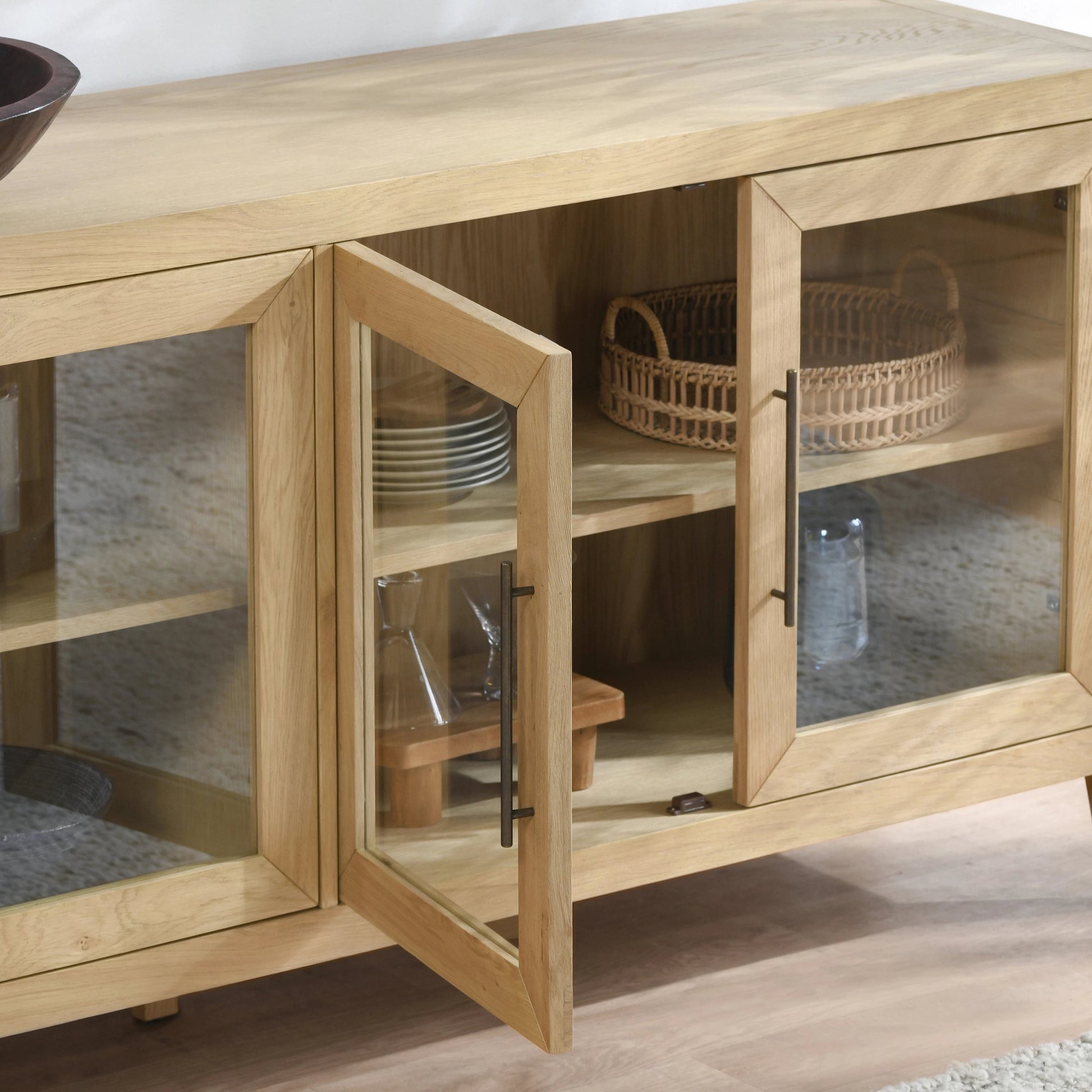 Beechgrove Four Door Sideboard by Kosas Home in natural brown. Made from oak wood in a modern style.