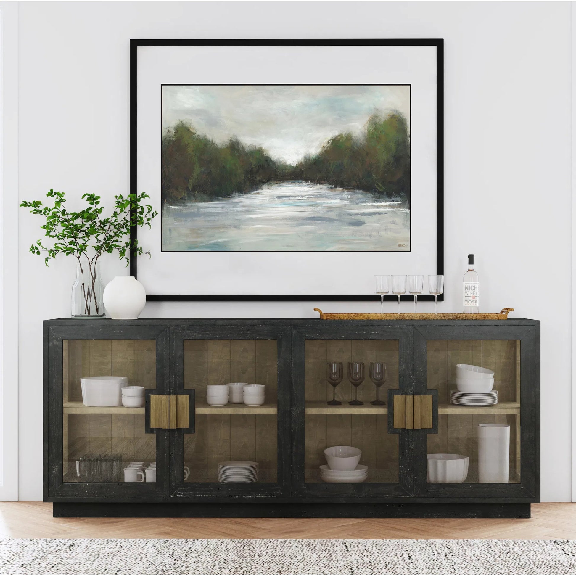 Larson 90" Glass Reclaimed Pine Wood Sideboard by Classic Home in black. Made from unique in a modern style.
