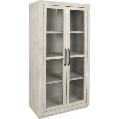 Caleb Reclaimed Pine Display Cabinet by Kosas Home in distressed ivory. Made from reclaimed distressed pine wood in a transitional style.