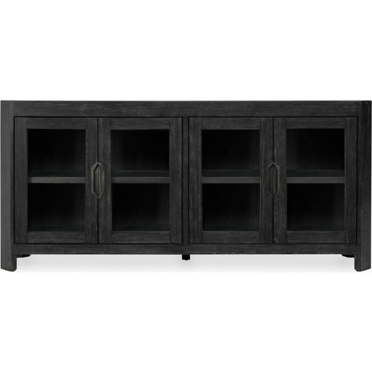Macarthur 84" Oak 4-Door Sideboard Buffet by Classic Home in black. Made from reclaimed oak, tempered glass in a modern style.
