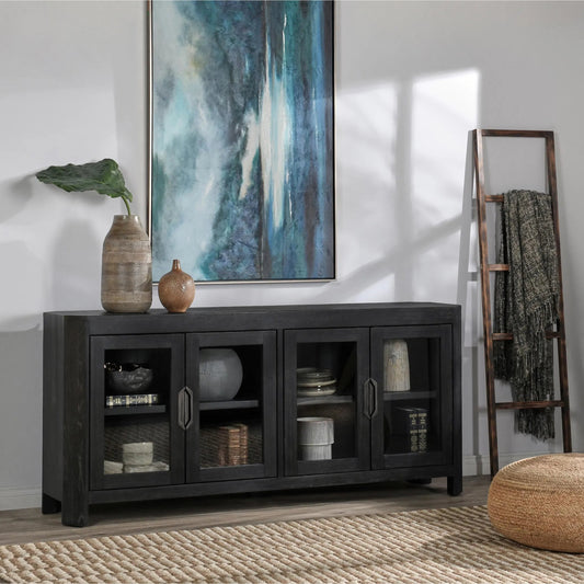 Macarthur 84" Oak 4-Door Sideboard Buffet by Classic Home in black. Made from reclaimed oak, tempered glass in a modern style.