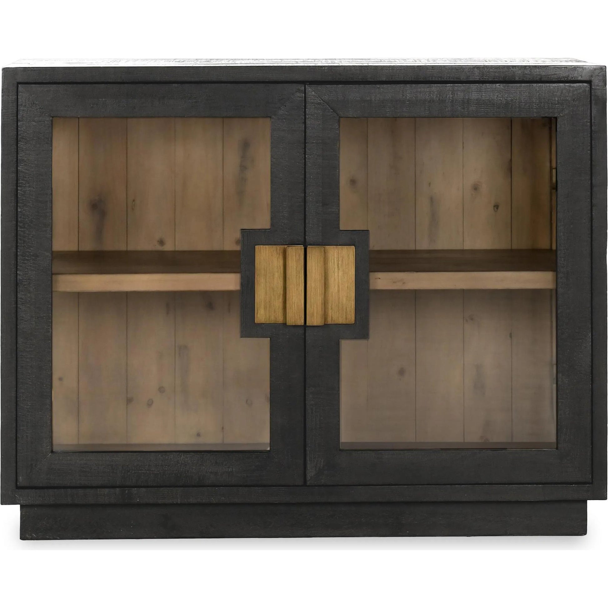 Larson Two-Door Glass Oak Wood Cabinet by Classic Home in black. Made from unique in a modern style.