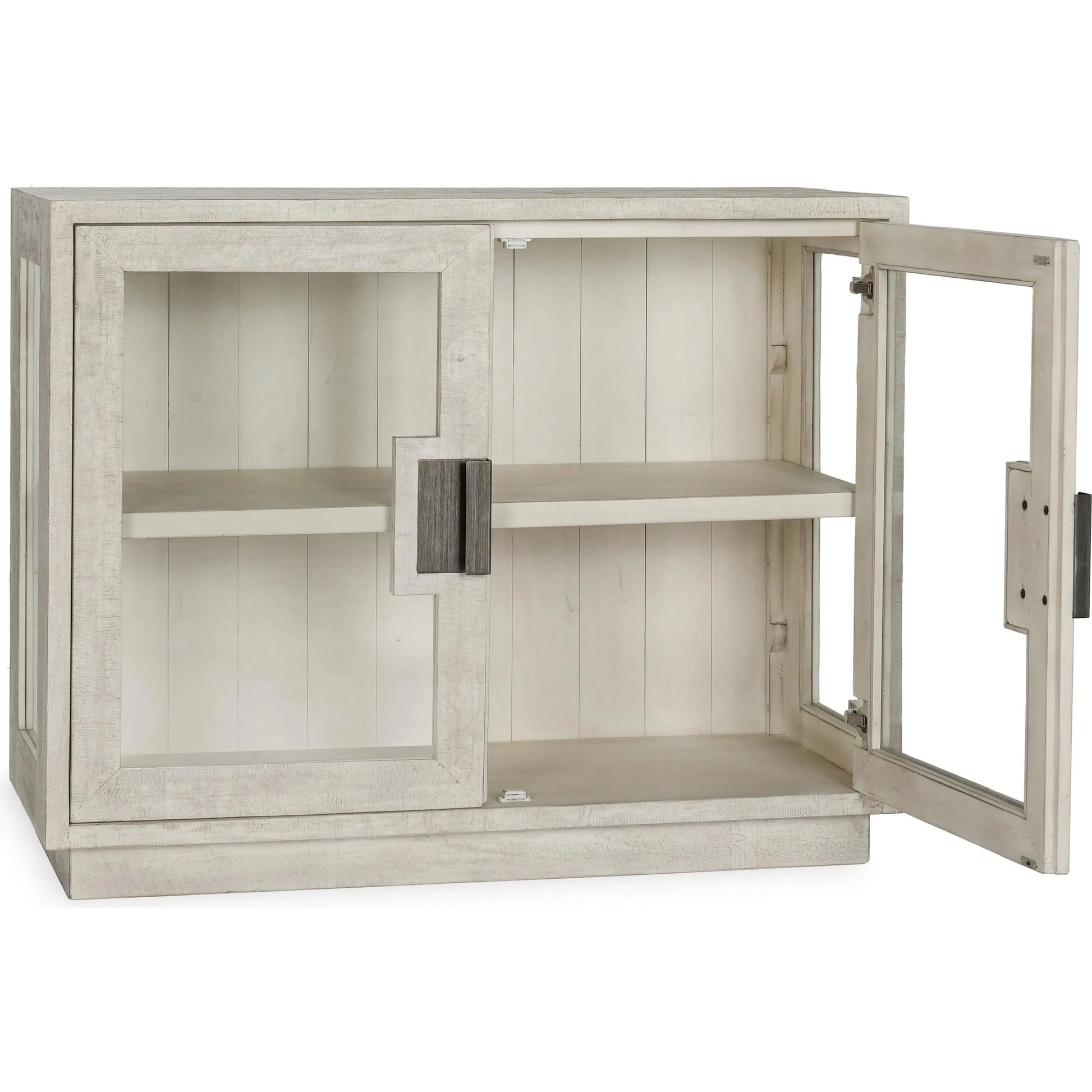 Larson Two-Door Glass Oak Wood Cabinet by Classic Home in black. Made from unique in a modern style.