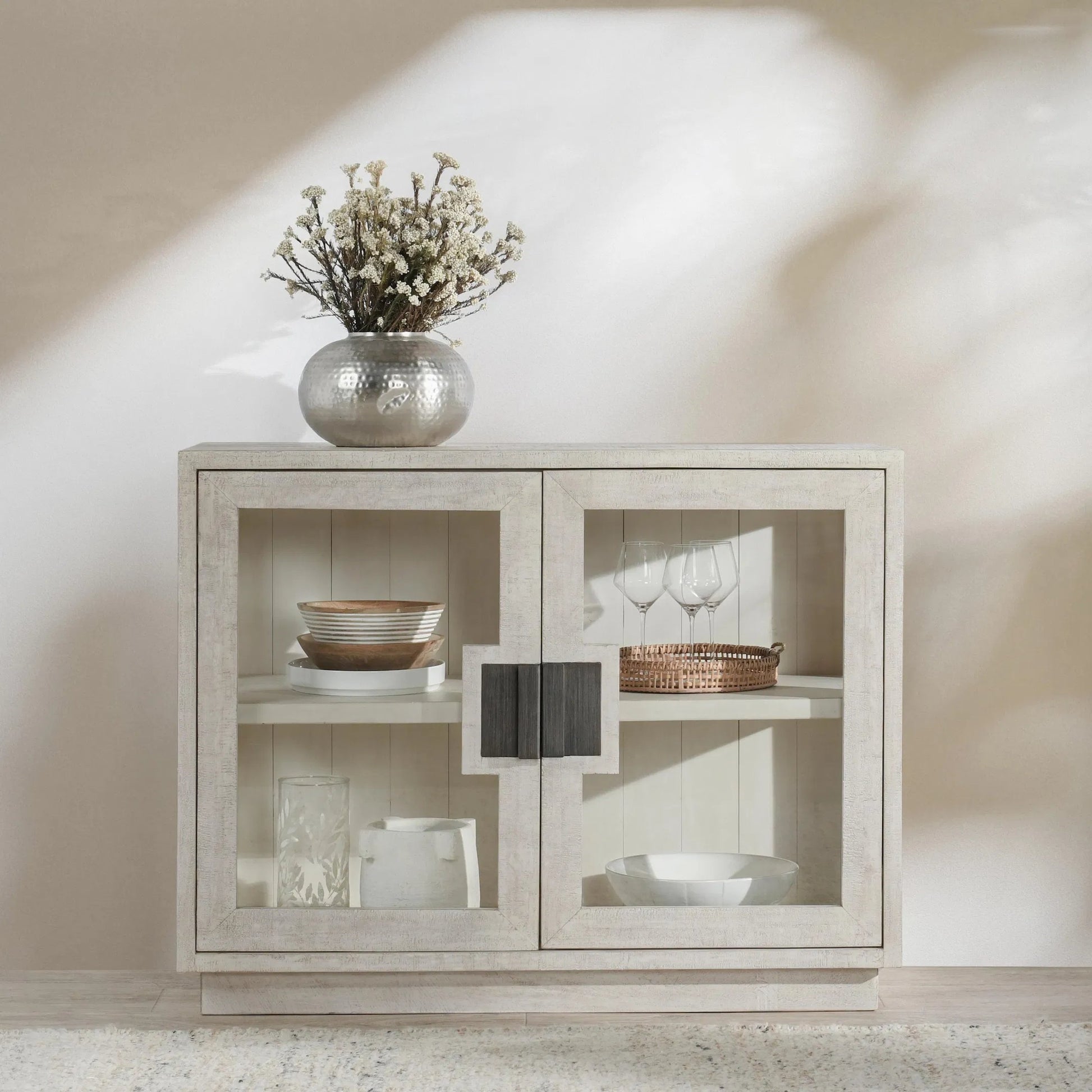 Larson Two-Door Glass Oak Wood Cabinet by Classic Home in black. Made from unique in a modern style.