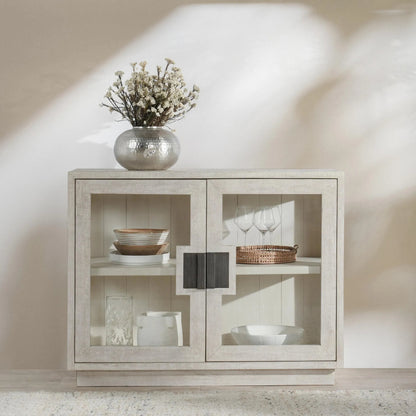 Larson Two-Door Glass Oak Wood Cabinet by Classic Home in black. Made from unique in a modern style.