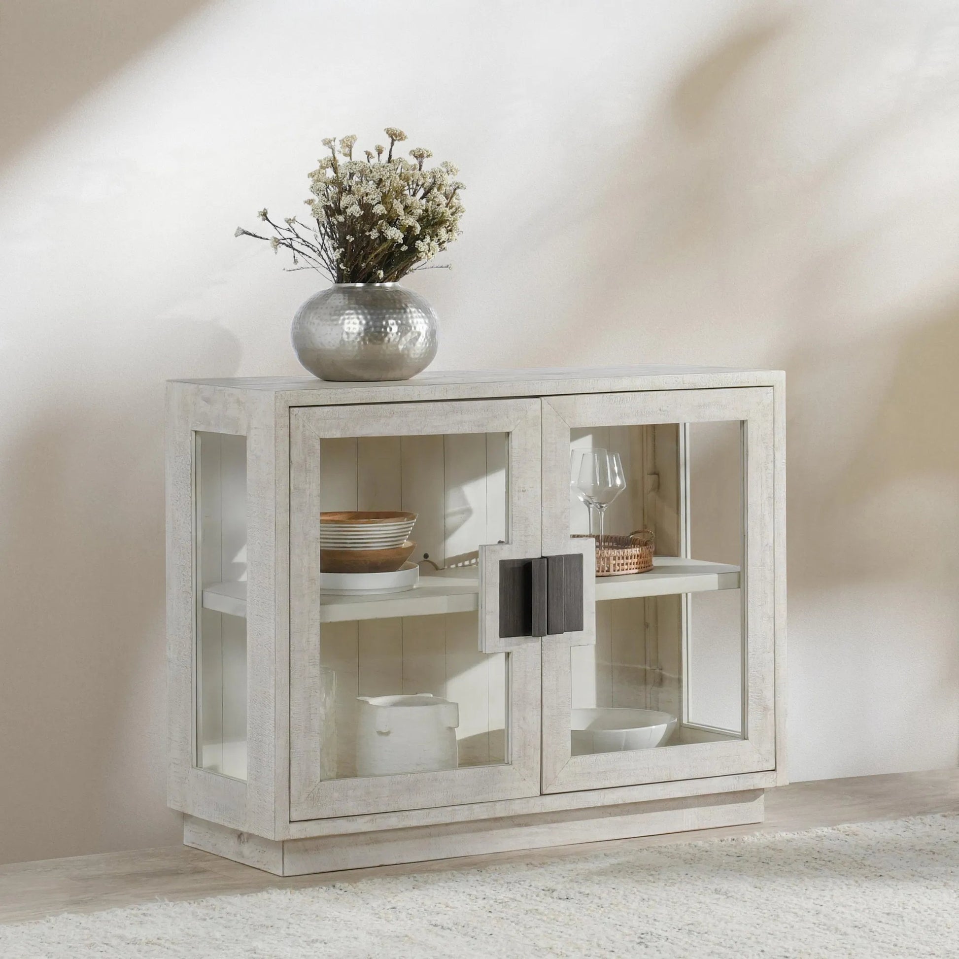 Larson Two-Door Glass Oak Wood Cabinet by Classic Home in black. Made from unique in a modern style.