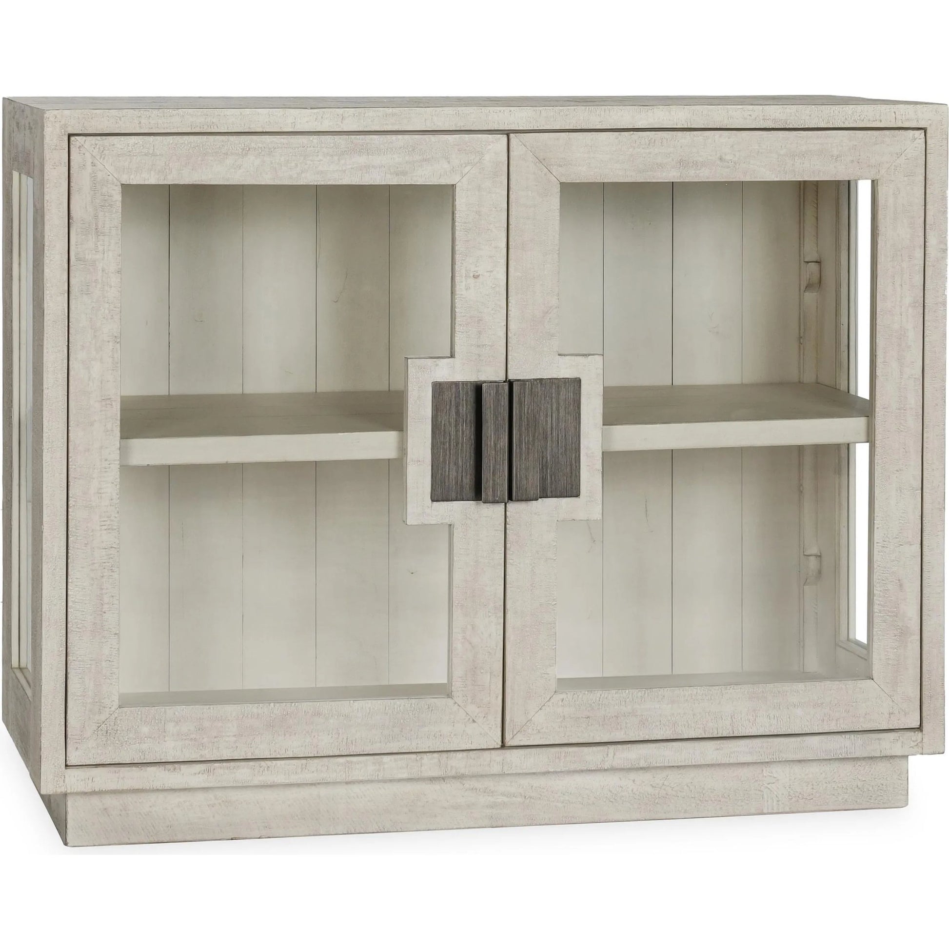 Larson Two-Door Glass Oak Wood Cabinet by Classic Home in black. Made from unique in a modern style.