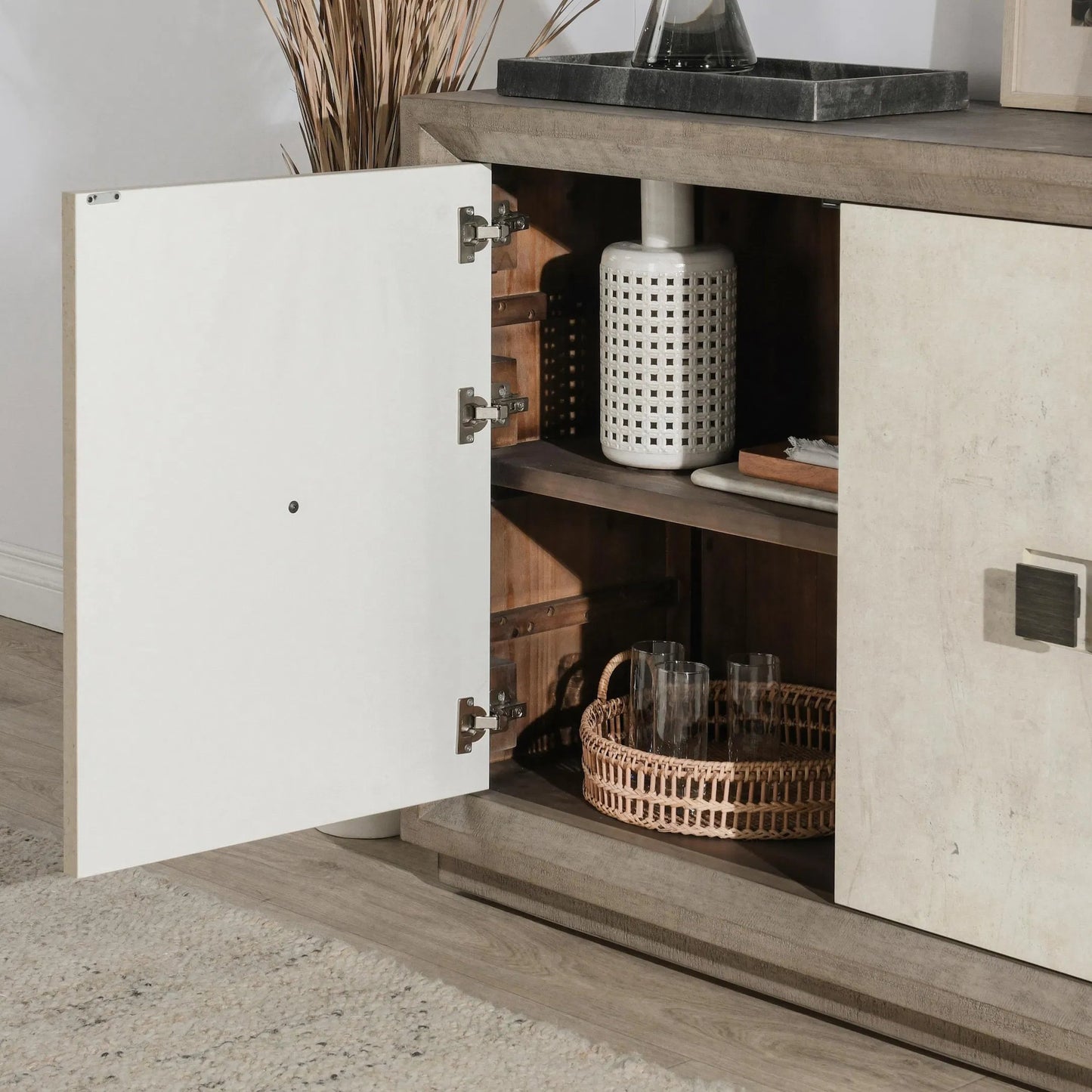 012 SI-2238848 | Lifestyle | Denver 50" Wood Sideboard Buffet by Classic Home in distressed gray, concrete white. Made from concrete laminate, reclaimed pine in a transitional style.