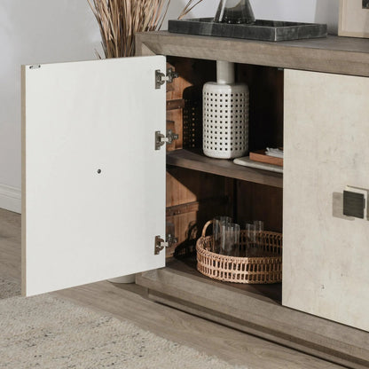 Denver 50" Wood Sideboard Buffet by Classic Home in distressed gray, concrete white. Made from concrete laminate, reclaimed pine in a transitional style.