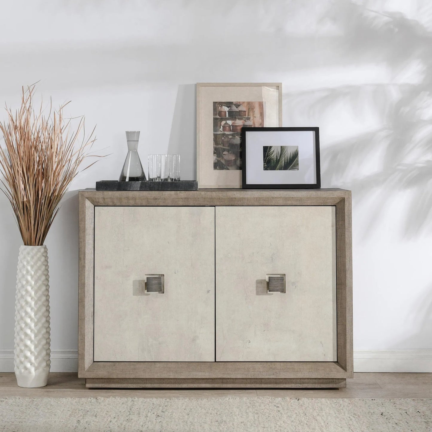 011 SI-2238848 | Lifestyle | Denver 50" Wood Sideboard Buffet by Classic Home in distressed gray, concrete white. Made from concrete laminate, reclaimed pine in a transitional style.