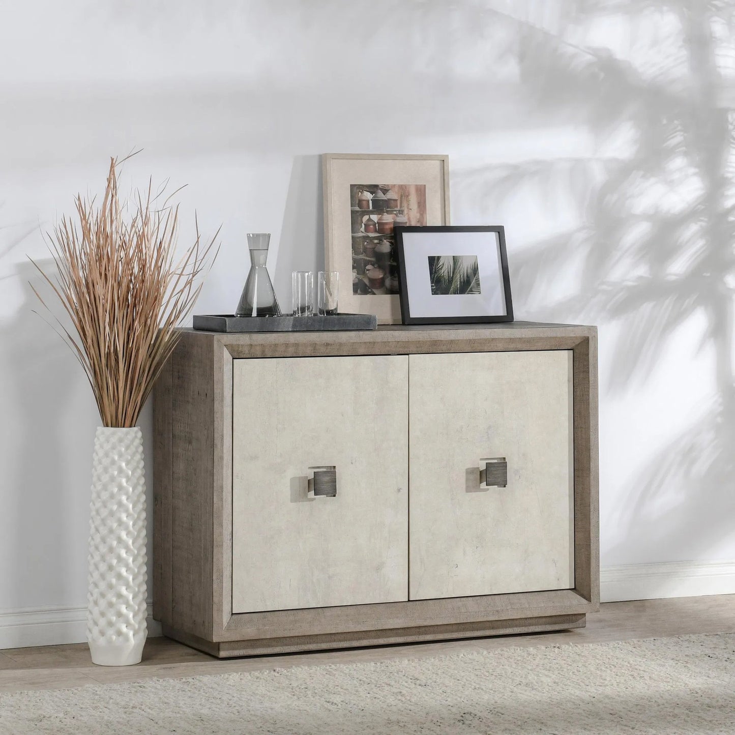 013 SI-2238848 | Lifestyle | Denver 50" Wood Sideboard Buffet by Classic Home in distressed gray, concrete white. Made from concrete laminate, reclaimed pine in a transitional style.