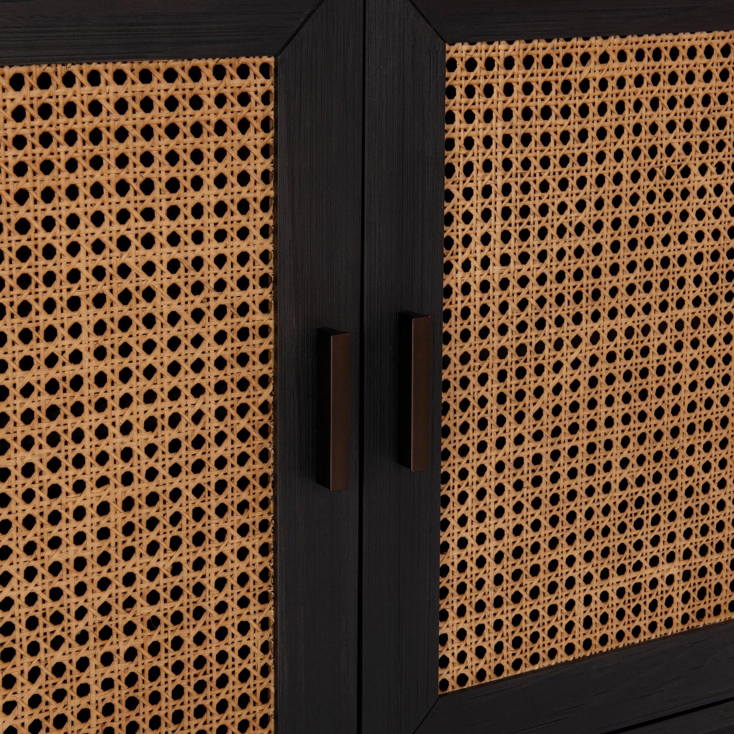 014 SI-2353786 | Closeup | Edris 4-Door Wood Sideboard Buffet by Kosas Home. Made from pine wood, cane in a rustic style.
