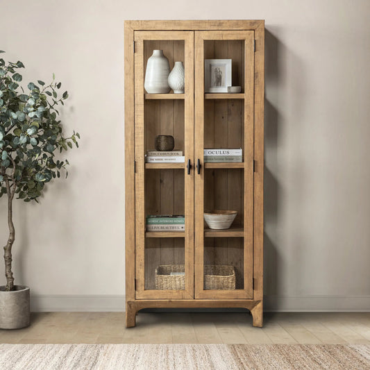 Crest Reclaimed Pine Curio Cabinet by Classic Home in natural. Made from reclaimed pine, tempered glass in a transitional style.