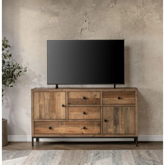 Dita Reclaimed Pine Wood Sideboard Buffet by Kosas Home in natural. Made from reclaimed pine in a transitional style.
