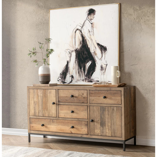 Dita Reclaimed Pine Wood Sideboard Buffet by Kosas Home in natural. Made from reclaimed pine in a unique style.