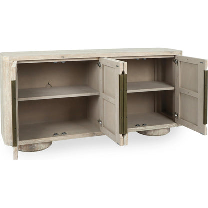 Tiber Oak Veneer Wood Buffet Sideboard by Classic Home in white wash. Made from oak veneer in a transitional style.