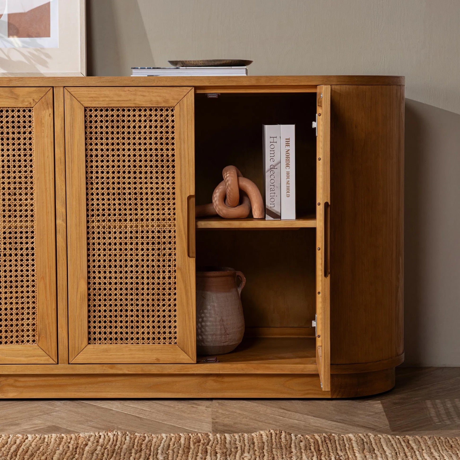 Adelheid Buffet by Kosas Home in natural pine. Made from pine, cane in a transitional style.