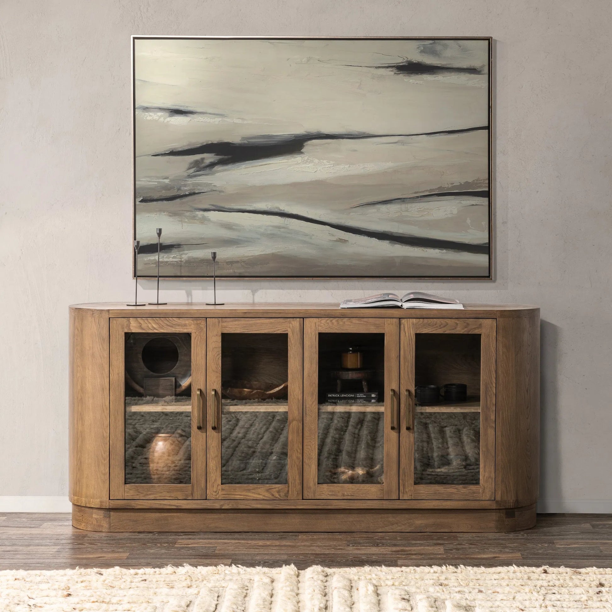Vander Sideboard by Classic Home. Made from oak veneer, tempered glass in a transitional style.