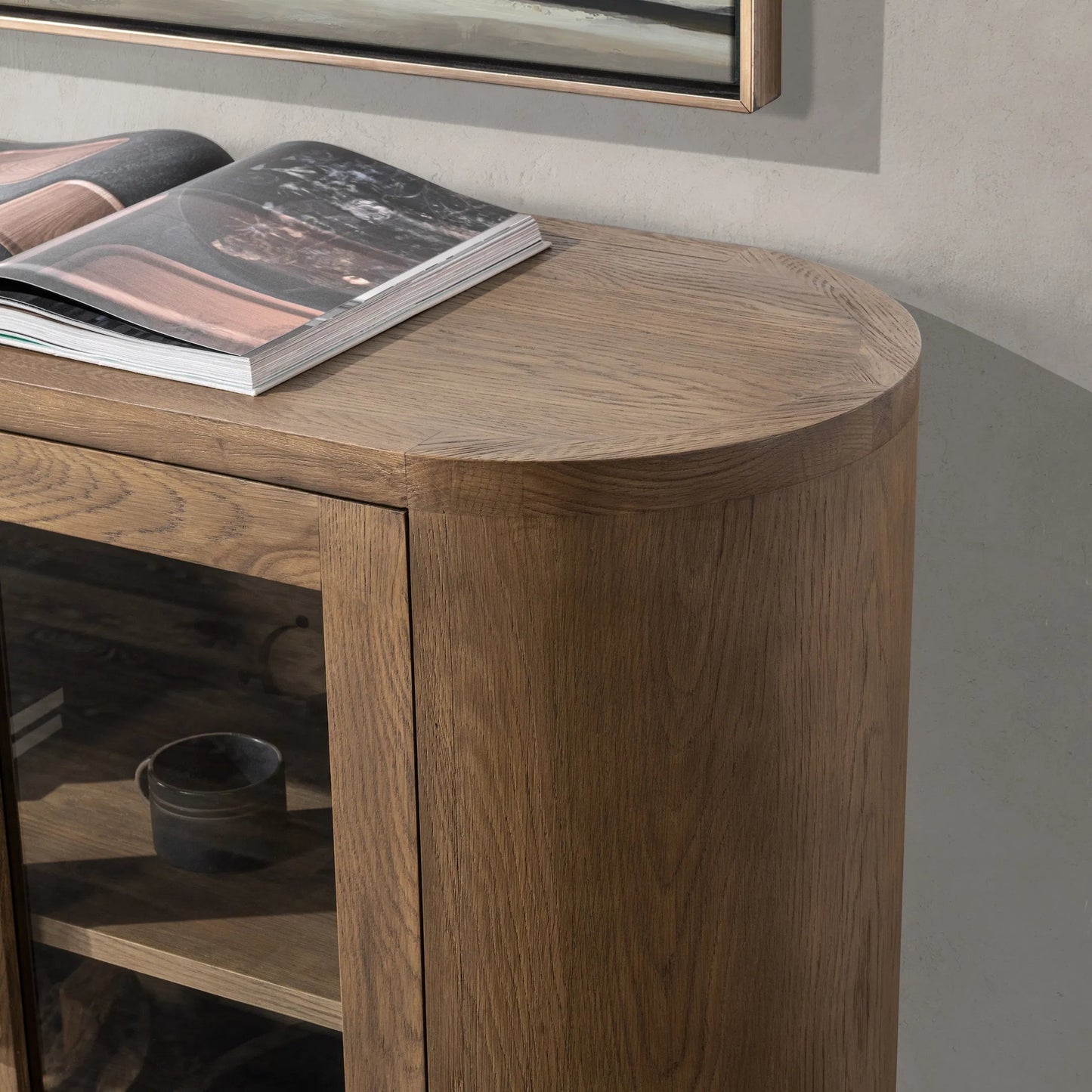 009 SI-2303295 | Closeup | Vander Sideboard by Classic Home. Made from oak veneer, tempered glass in a transitional style.