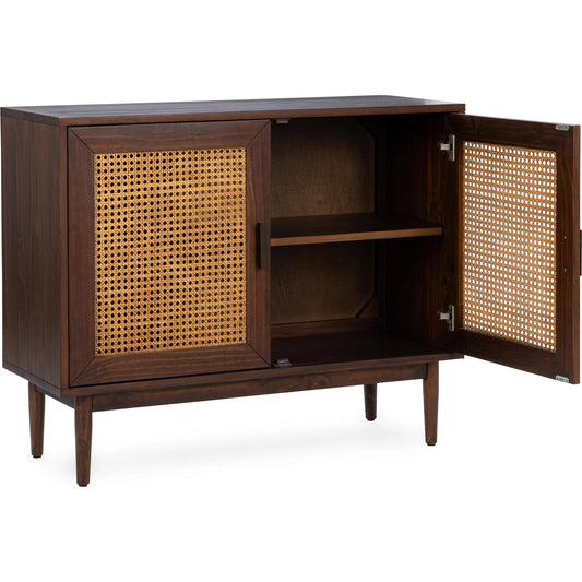 Edris 2-Door Wood Accent Cabinet by Kosas Home in natural, beige. Made from pine wood, cane in a rustic style.