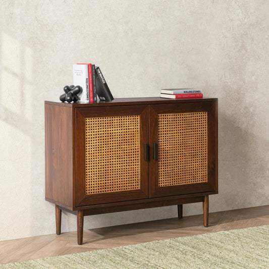 Edris 2-Door Wood Accent Cabinet by Kosas Home in natural, beige. Made from pine wood, cane in a unique style.