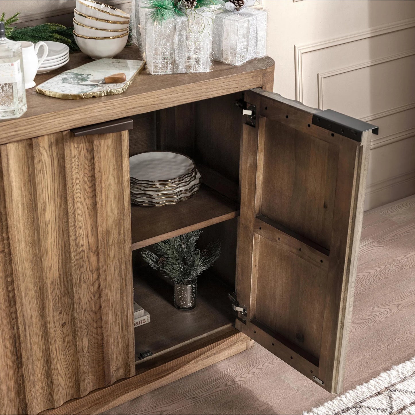 005 SI-2533215 | Closeup | Labelle Sideboard Buffet by Classic Home in tan oak. Made from oak veneer in a unique style.
