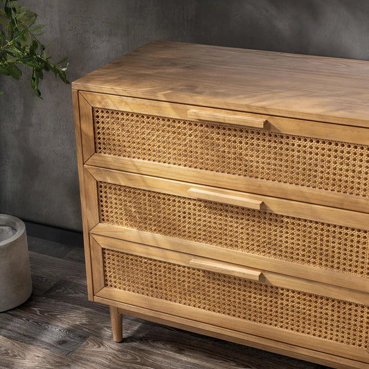 Edris 6-Door Wood Dresser by Kosas Home in beige. Made from pine wood, cane in a unique style.