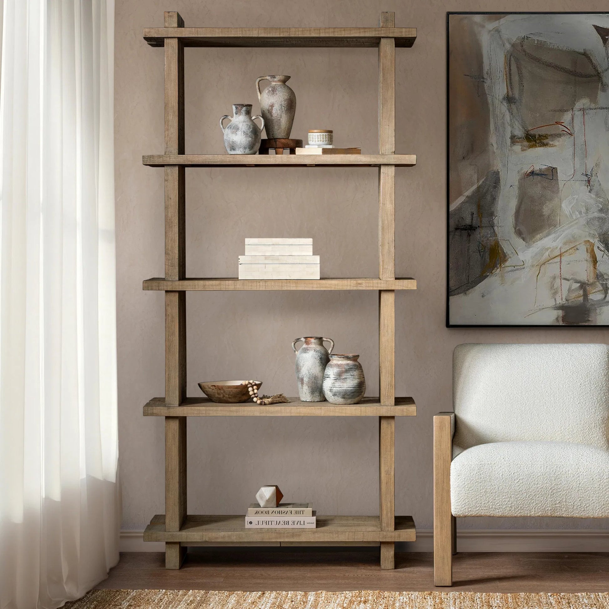 Karlla Bookshelf by Classic Home in soft earth. Made from reclaimed pine in a unique style.