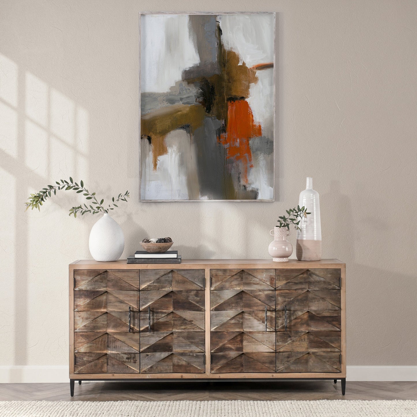 010 SI-2007488 | Lifestyle | Mave 4-Door Sideboard by Classic Home in multi-tone natural. Made from reclaimed elm, reclaimed pine, iron base in a modern style.
