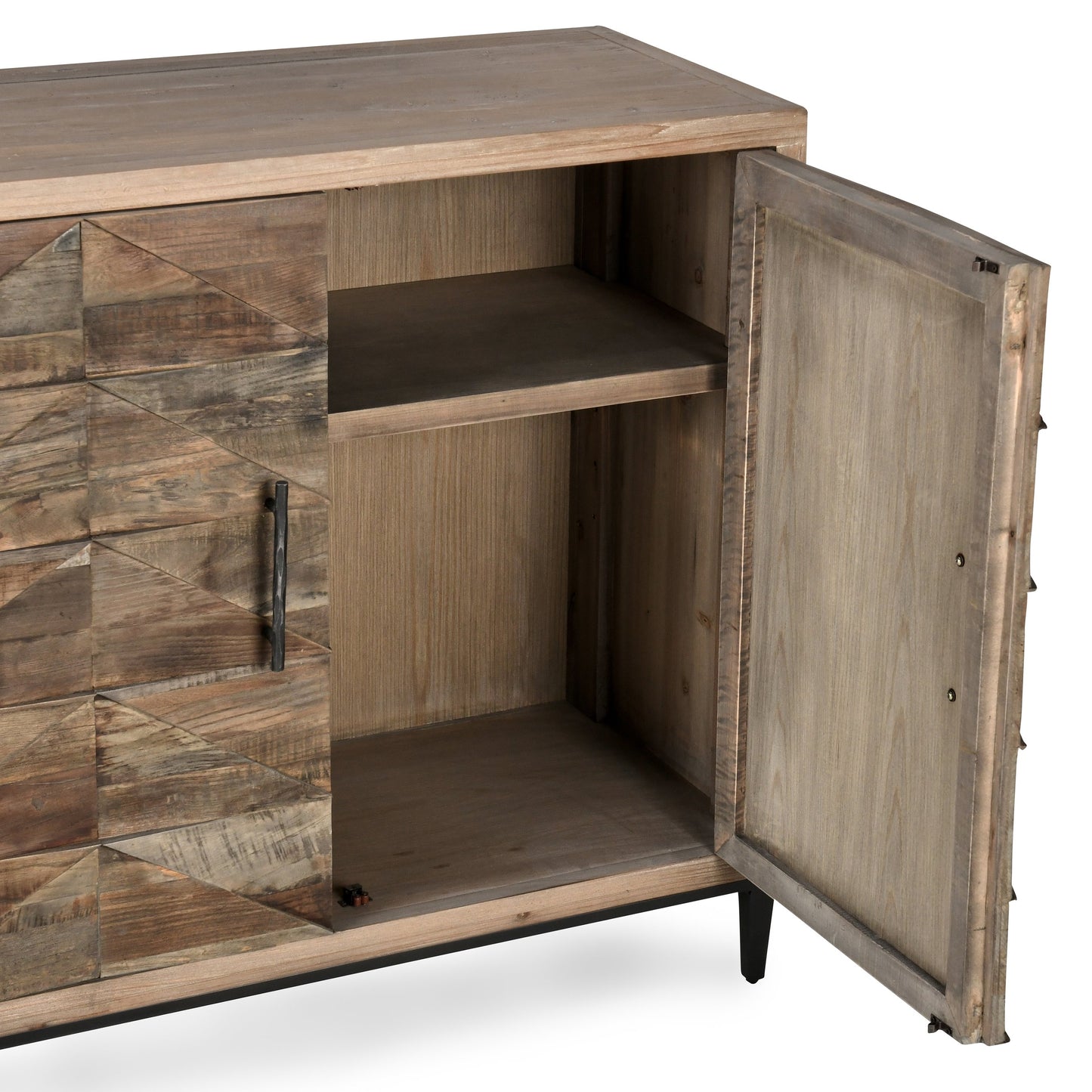 008 SI-2007488 | Closeup | Mave 4-Door Sideboard by Classic Home in multi-tone natural. Made from reclaimed elm, reclaimed pine, iron base in a modern style.