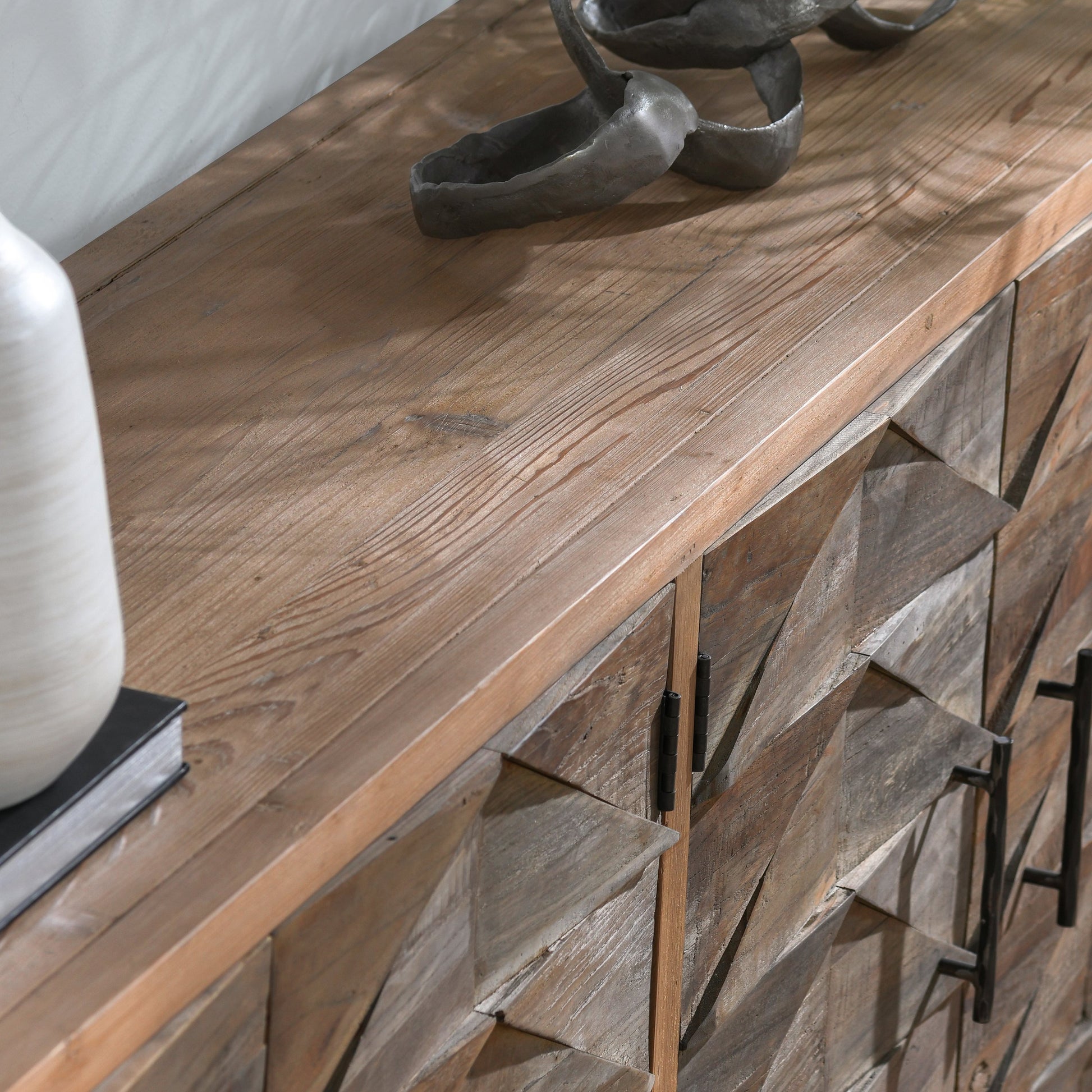 Mave 4-Door Sideboard by Classic Home in multi-tone natural. Made from reclaimed elm, reclaimed pine, iron base in a modern style.