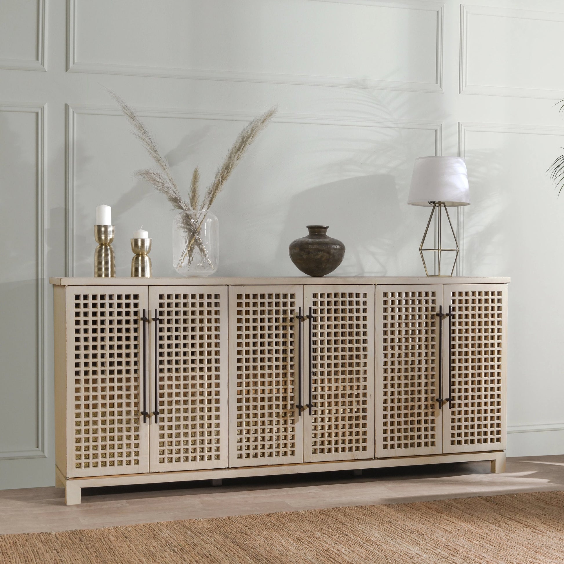 Landon 6 Doors Sideboard by Classic Home in antique white. Made from reclaimed pine in a cottage & farmhouse style.