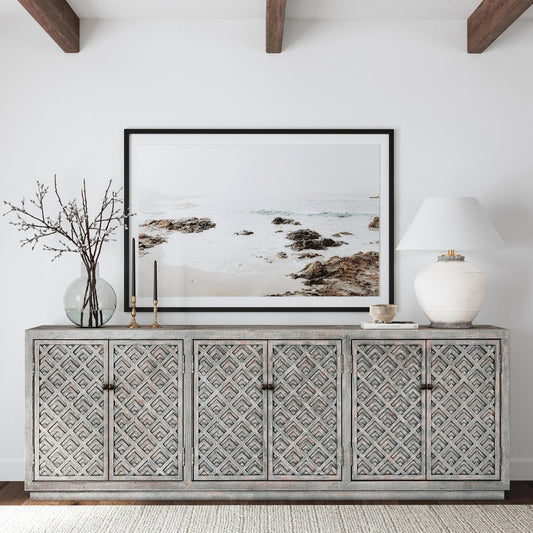 Jonas 6 Door Sideboard by Classic Home in gray. Made from solid reclaimed pine in a modern style.