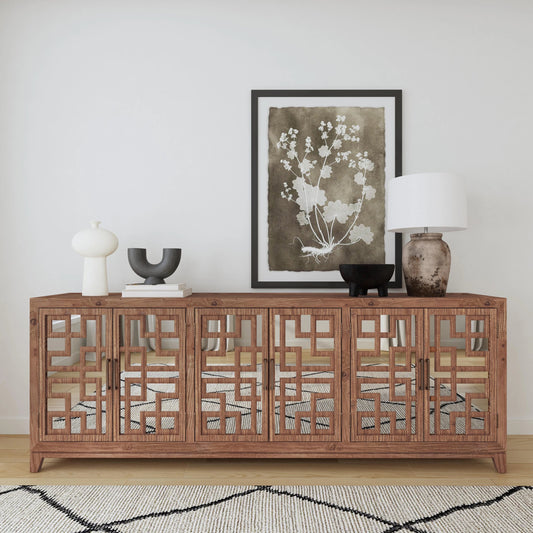 Arley 6 Door Sideboard by Classic Home in chestnut brown. Made from reclaimed pine, tempered mirror in a modern style.