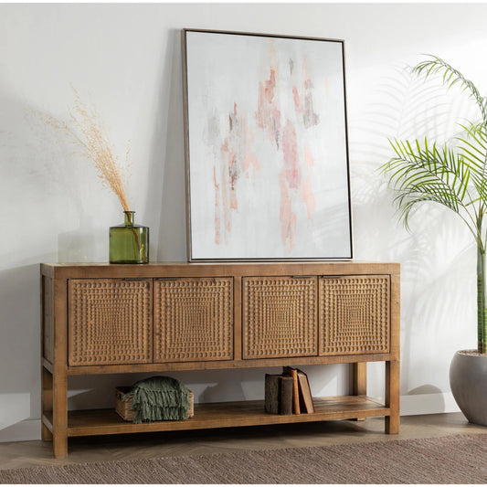 Osiris 4-Door Reclaimed Pine Buffet Sideboard by Classic Home in mission brown. Made from reclaimed pine in a unique style.
