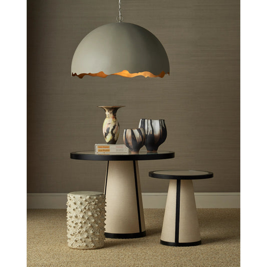Deanna Raffia Entry Table by Currey and Company in ivory, black, clear. Made from raffia, okume veneer, tempered glass in a modern style.