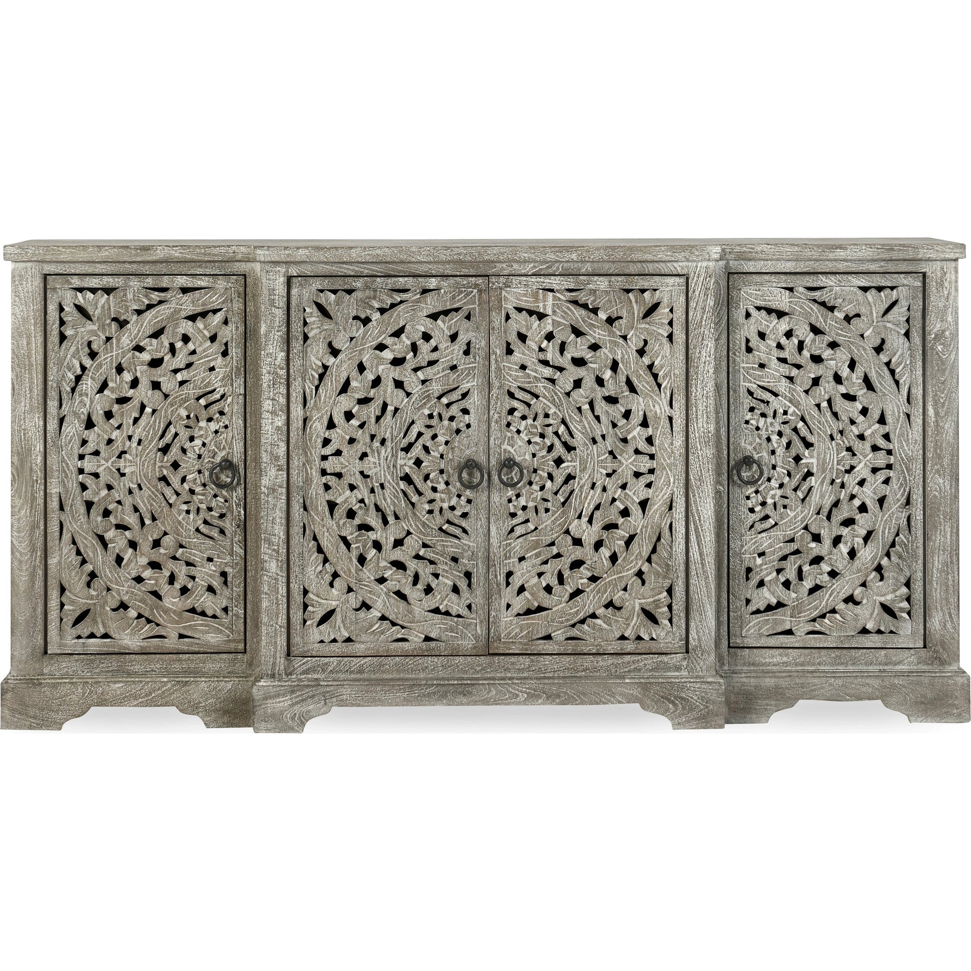 Harmony 4 Door Breakfront Sideboard by Classic Home in distressed warm gray. Made from mango wood in a eclectic & global style.