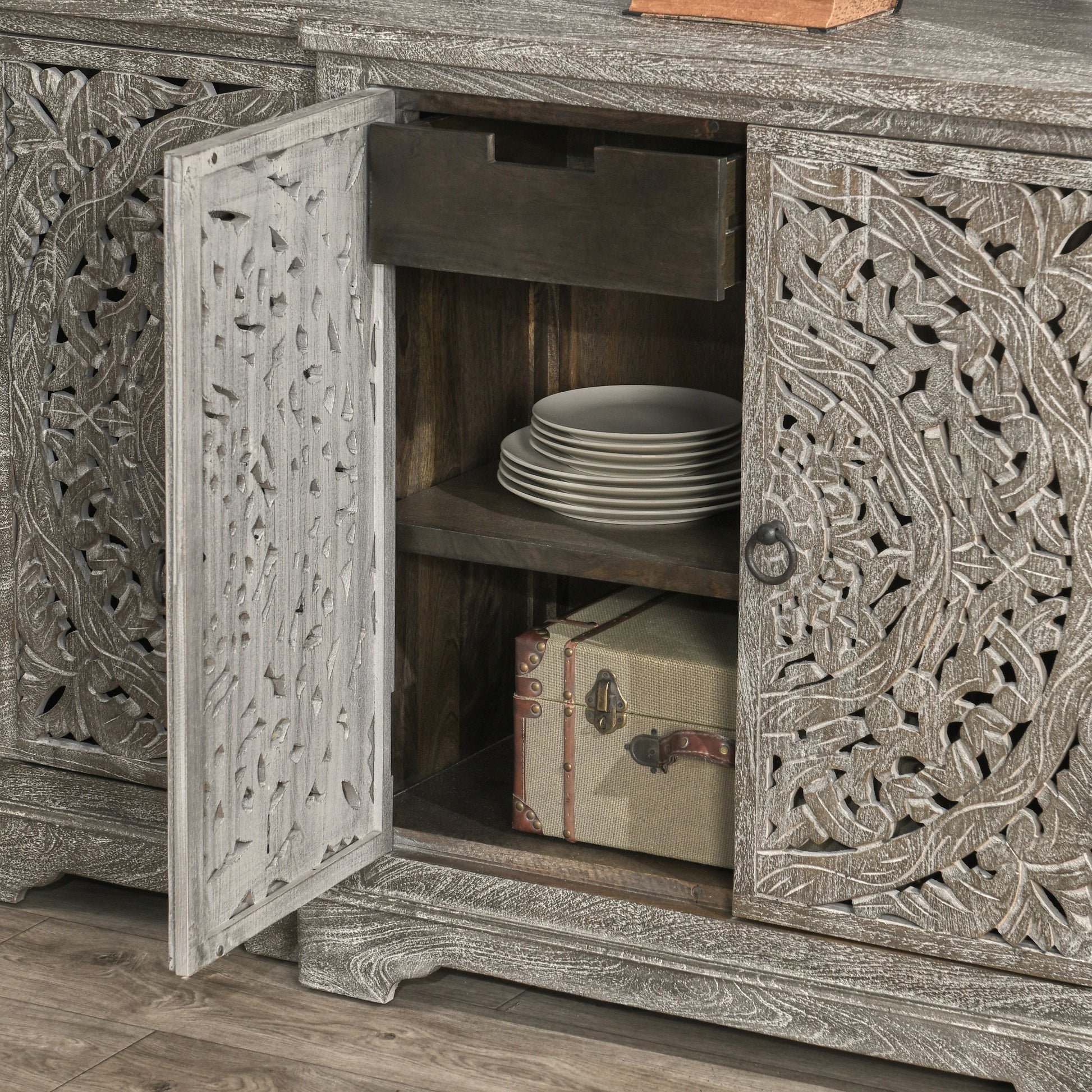 Harmony 4 Door Breakfront Sideboard by Classic Home in distressed warm gray. Made from mango wood in a eclectic & global style.