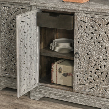 Harmony 4 Door Breakfront Sideboard by Classic Home in distressed warm gray. Made from mango wood in a eclectic & global style.