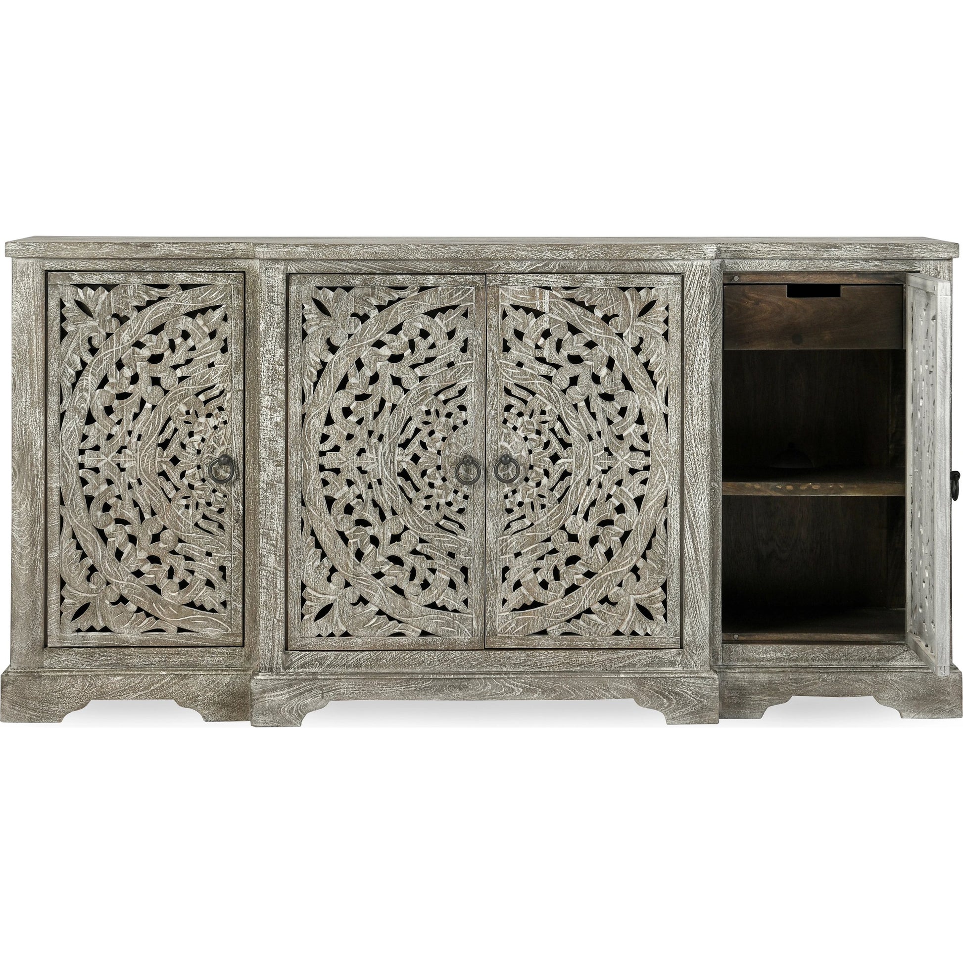 Harmony 4 Door Breakfront Sideboard by Classic Home in distressed warm gray. Made from mango wood in a eclectic & global style.