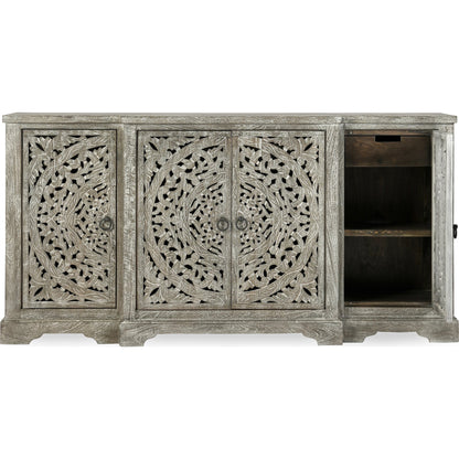 Harmony 4 Door Breakfront Sideboard by Classic Home in distressed warm gray. Made from mango wood in a eclectic & global style.